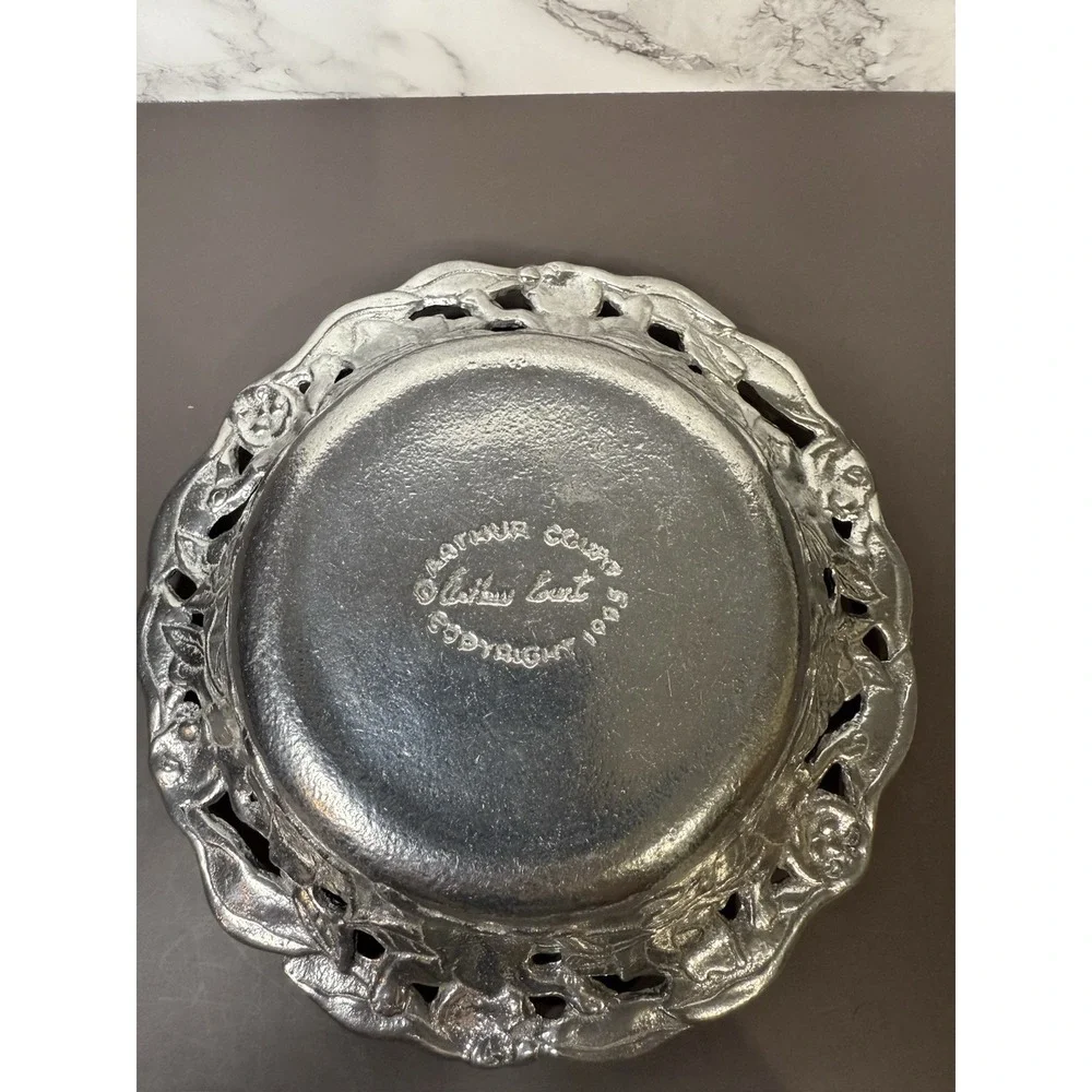 1995 Arthur Court Aluminum Bunny Rabbit and Rose Flower Bowl